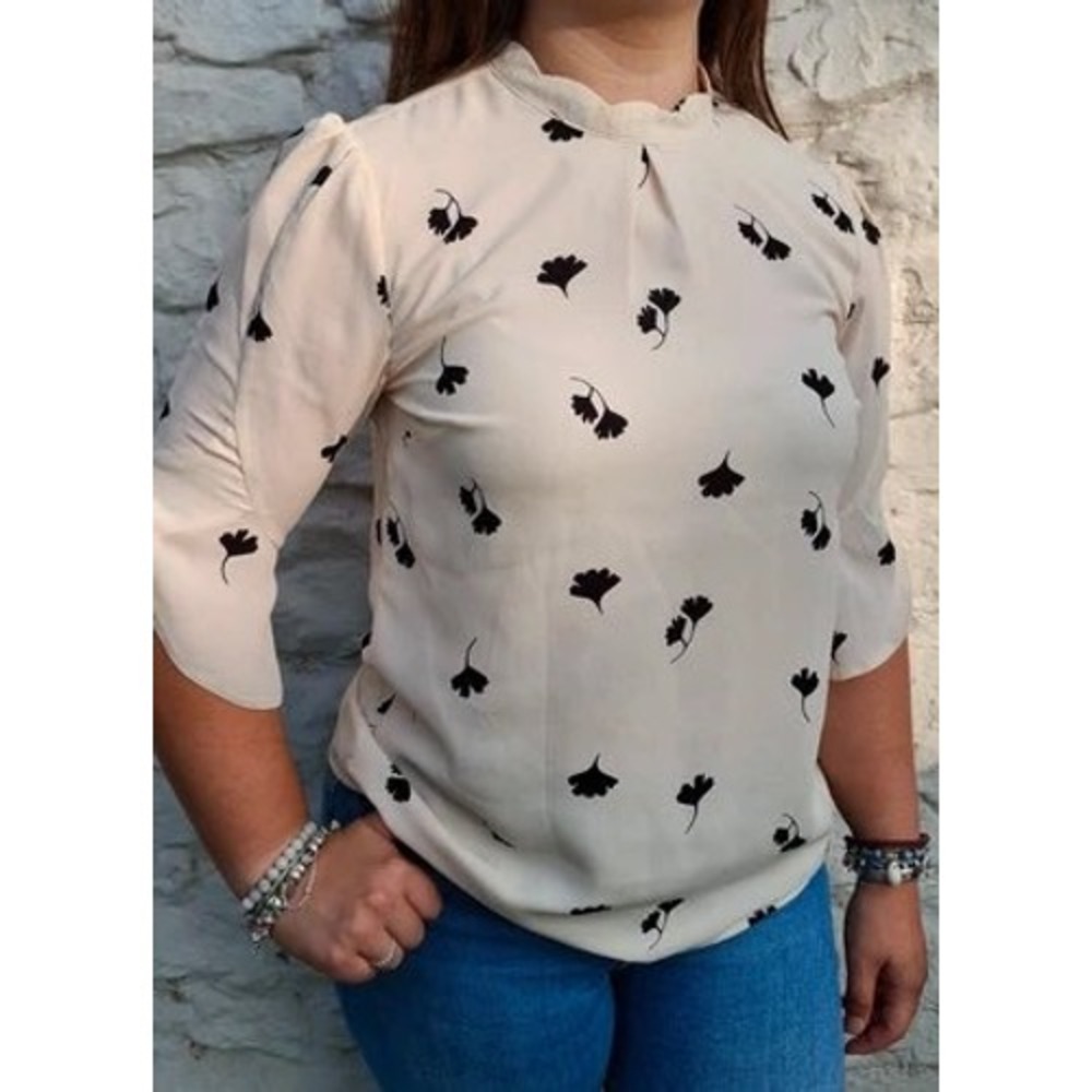 (A8) Oasis Womens Cream Black Ginkgo Leaf Print Bell Sleeve Mock Neck Blouse 8